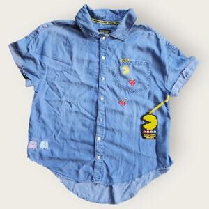 Justice Girls Pac Man Sz XL Denim Shirt Blue Snap Short Sleeve Ghost Gang